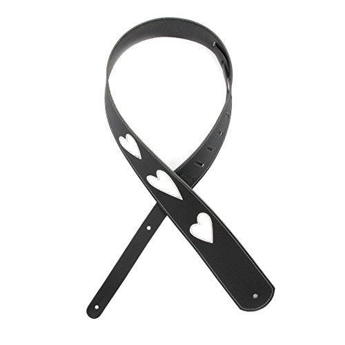 D'Addario Deluxe Leather Guitar Strap, Heart Icon Patches, Black with White