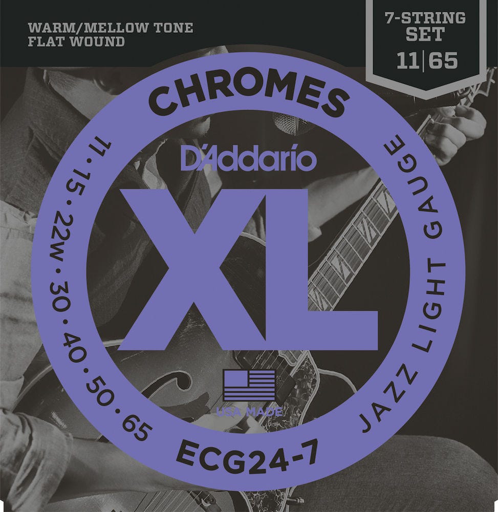 D'Addario ECG24-7 Chromes Flat Wound 7-String Electric Guitar Strings, Jazz Light, 11-65