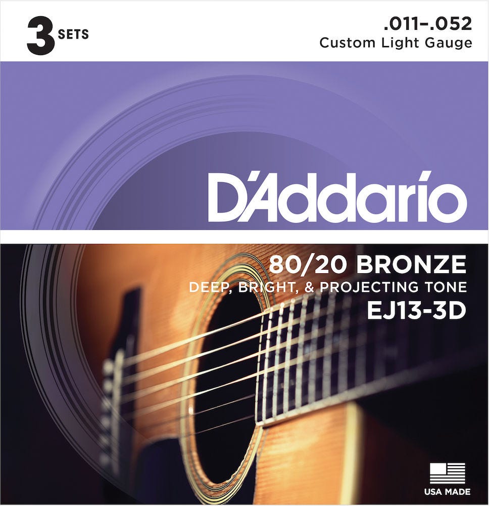 D'Addario EJ13-3D 80/20 Bronze Acoustic Guitar Strings, Custom Light, 11-52, 3 Sets