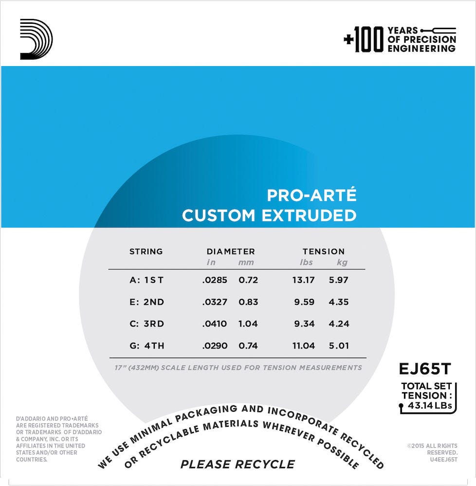 D'Addario EJ65T Pro-ArtÃ© Custom Extruded Nylon Ukulele Strings, Tenor