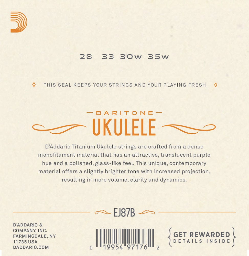 D'Addario EJ87B Titanium Ukulele Strings, Baritone