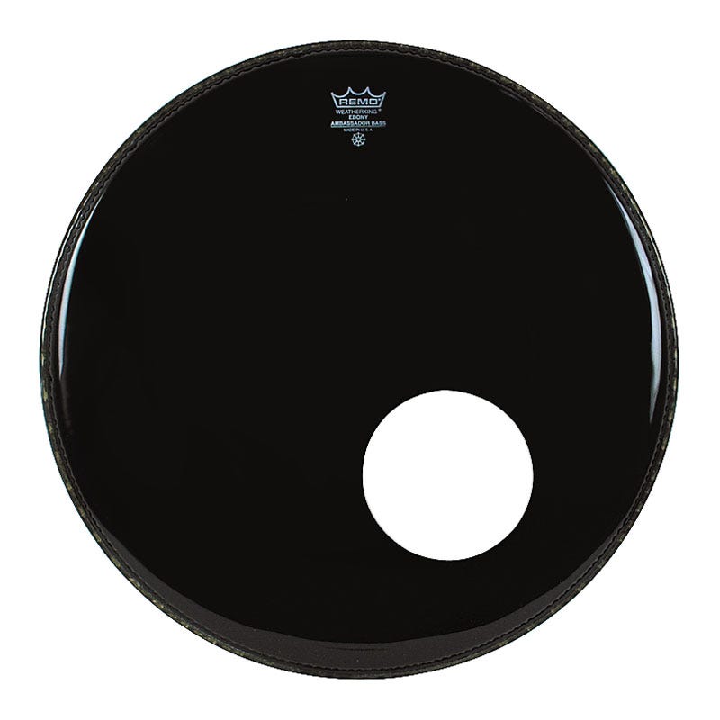 Remo Bass, Ambassador, Ebony, 22" Diameter, 5" Black Dynamo Installed