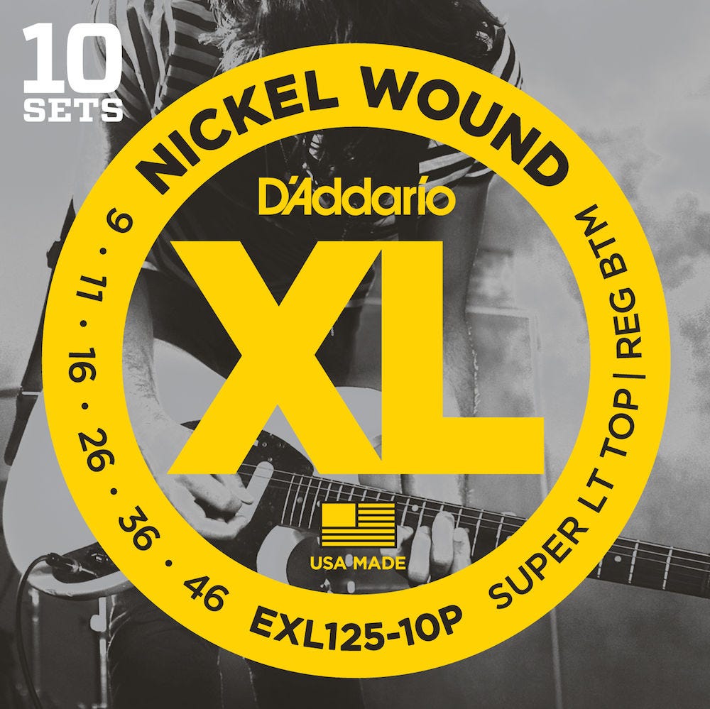D'Addario EXL125-10P Nickel Wound Electric Guitar Strings, Super Light Top/Regular Bottom, 09-42, 10 Sets