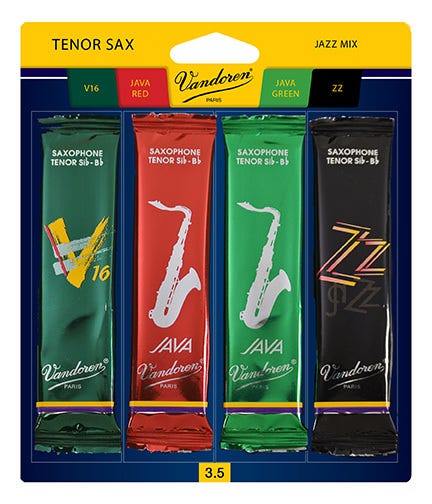 Vandoren Tenor Sax Jazz Reed Mix Card includes 1 each ZZ, V16, Java and Java Red Strength #3.5