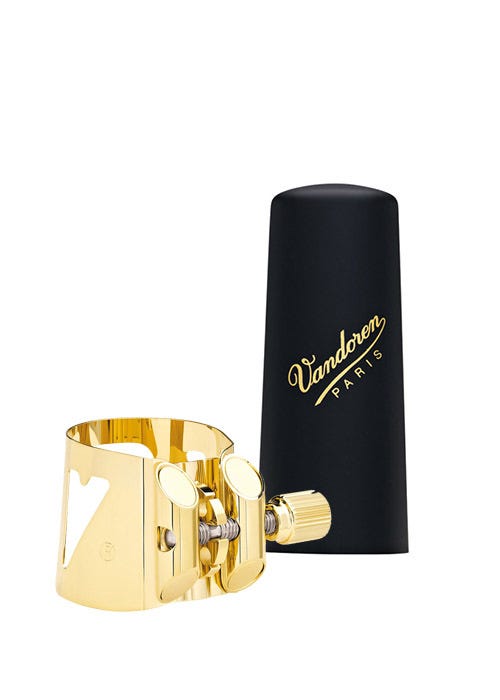 Vandoren Optimum Ligature and Plastic Cap for Tenor Saxophone; Gilded; Includes 3 Interchangeable Pressure Plates