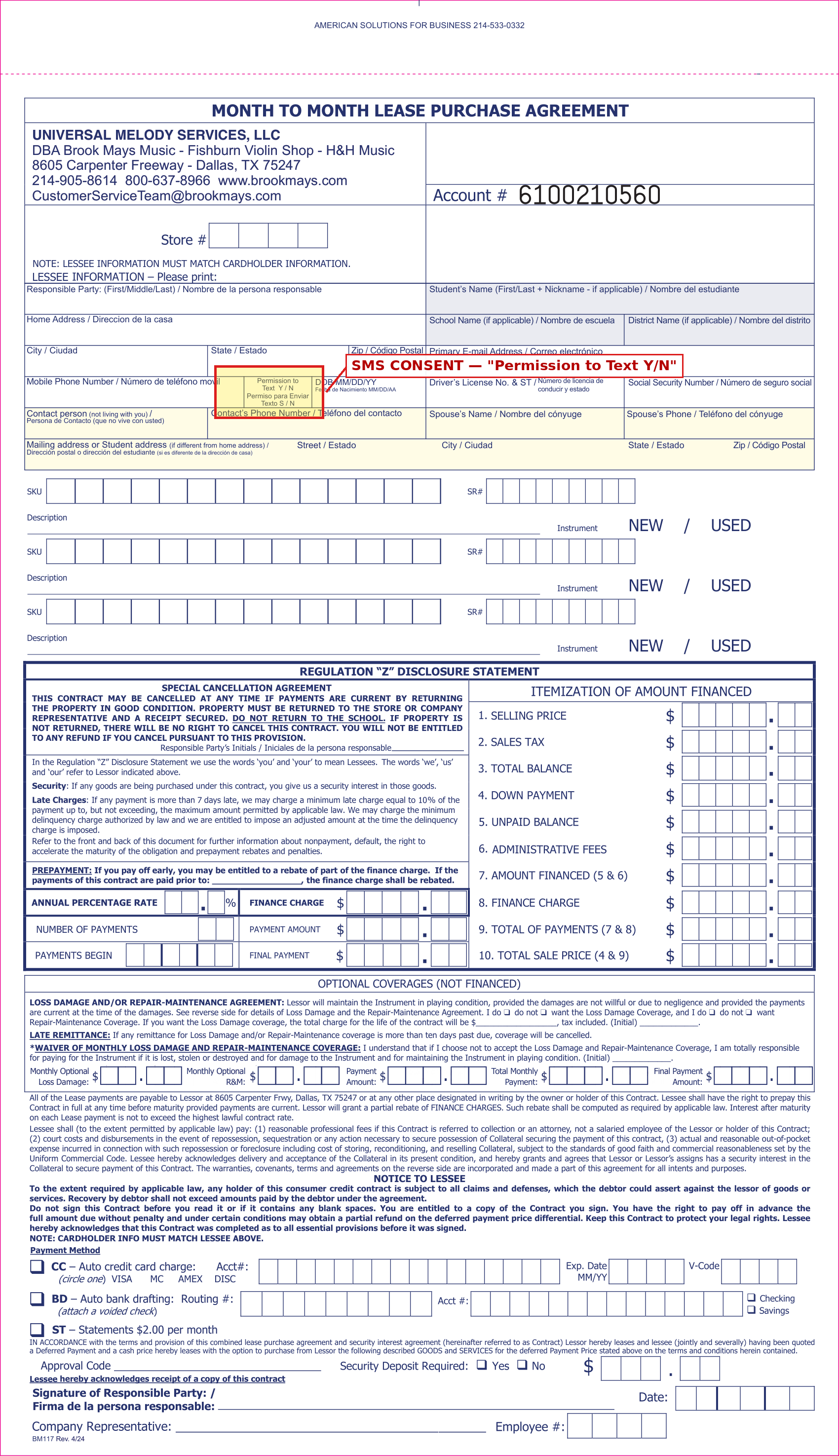 Full front page of Brook Mays Music BM117 rental contract with SMS consent cell highlighted