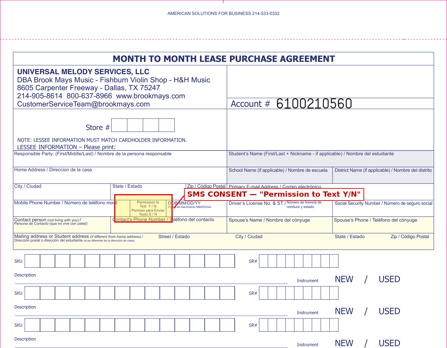 Front page of Brook Mays Music BM117 rental contract with the SMS consent cell highlighted in red. The cell reads 'Permission to Text Y / N' in English and 'Permiso para Enviar Texto S / N' in Spanish, located next to the Mobile Phone Number field.